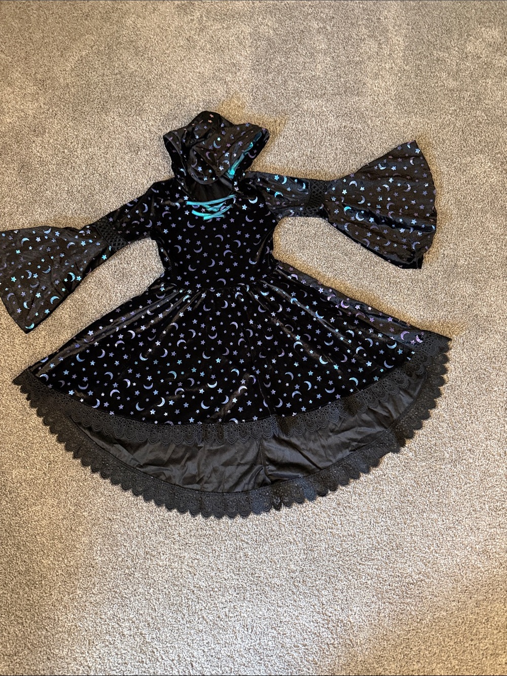 Spirit Black Velvet Moon & Stars Witch Dress with Teal Accents